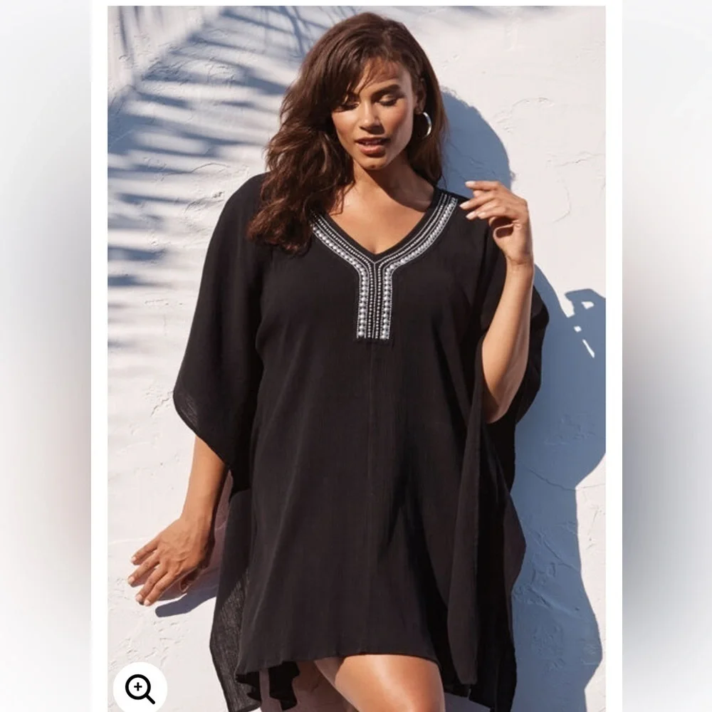Swimsuits For All Swim Cover Up Size 2X 18 20 Black Silver Jeweled V Neck Sheer - Picture 12 of 12
